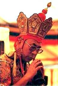 His Holiness the Dalai Lama wearing the special Kalachakra initiation crown